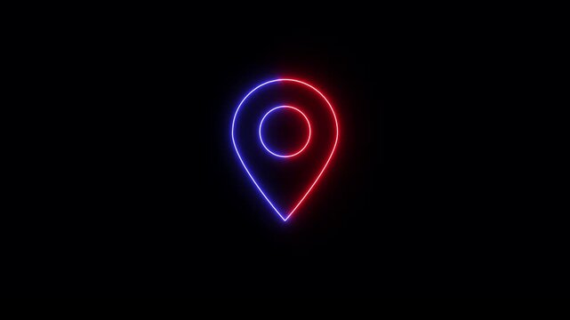 Glowing neon looped location icon fast tracking map pin icon animation on black background.
