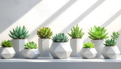 Collection of Succulent Plants in Geometric Pots on a Shelf with Shadow Play.