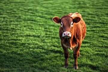 Minimalistic portrait of cow on vibrant green meadow