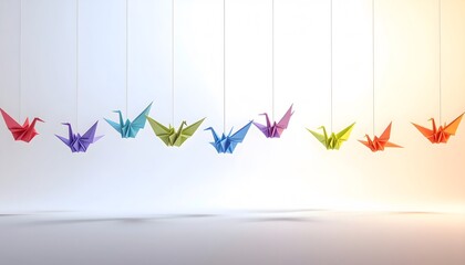 Colorful Origami Cranes Hanging in a Rainbow Gradient.