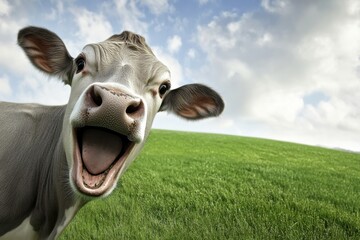Cheerful cow in green meadow under clear blue sky