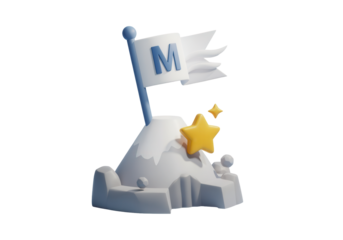 A 3D icon of a mission icon with a flag, representing a goal and a challenge, with a star for a completed mission.