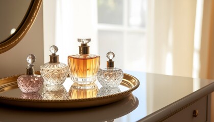 Elegant Perfume Bottles on a Mirrored Tray, Bathed in Soft Sunlight.