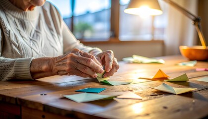 Elderly womans hands crafting origami at a wooden table under warm lamp light.