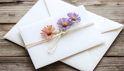Elegant White Envelopes Adorned with Delicate Flowers on Rustic Wooden Table.