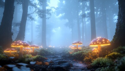 Enchanted Forest with Glowing Mushrooms and Misty Atmosphere.