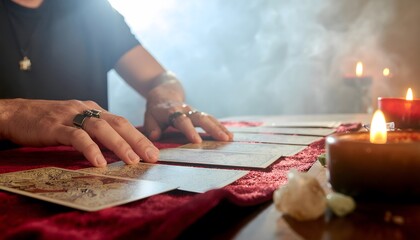 Fortune Tellers Hands Arranging Tarot Cards on a Mystical Table with Candles and Smoke.