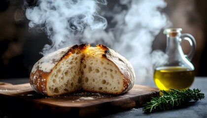 Freshly baked sourdough bread steaming on a wooden board with olive oil and herbs.