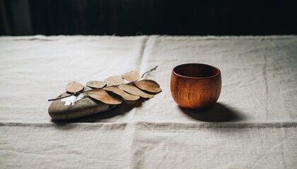 Acupuncture needles rest beside a wooden tea cup on a textured surface, artfully arranged for a serene moment