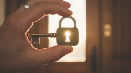 Hand Holding Key and Lock with Light Background.