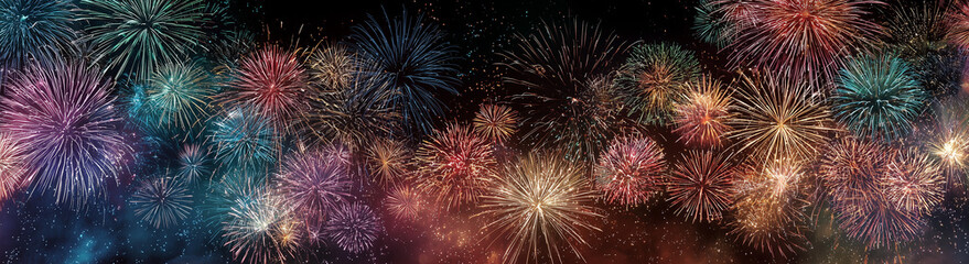 a panoramic view of fireworks for new year's celebration. Happy new year, Christmas concept, firework, celebration, party 2026.