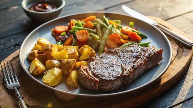 Gourmet Meal Arrangement Featuring Steak Potatoes Beans Carrots and Sauce on Wooden Board