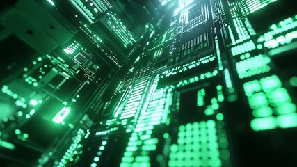 Interconnected electronic circuits creating an abstract glowing grid, representing data flow, networking, and advanced computer processing within a futuristic digital environment - Powered by Adobe