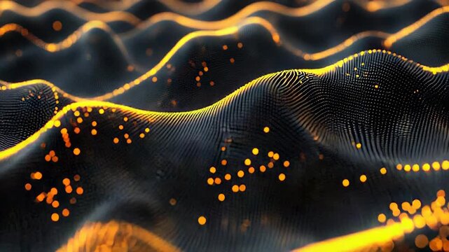 Abstract background showing a dynamic mesh of glowing golden particles and undulating dark waves, representing data flow, networking, and technological communication