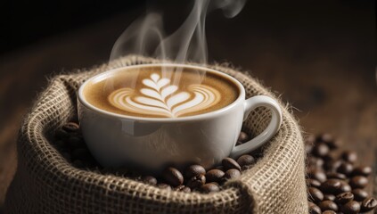 Aromatic freshly brewed coffee in white cup with latte art surrounded by roasted beans on burlap sack