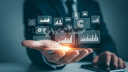 businessman pressing virtual touchscreen button with hand