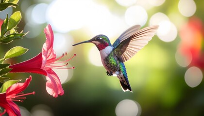 Fototapeta premium Ruby-throated hummingbird in flight near a vibrant red flower, capturing a moment of natures beauty and delicate interaction.