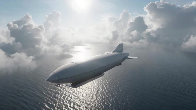 Large white airship flying above calm ocean surface beneath bright cloudy sky during daytime