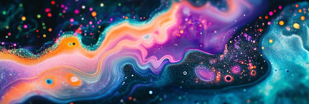 Vibrant abstract art with swirling colors and glittering particles on a dark background, creating a mesmerizing visual effect.
