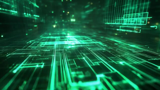 Abstract green glowing lines and particles representing a digital network, data streams, and electronic communication in a futuristic cyberspace environment