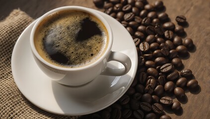 Fototapeta premium Aromatic black coffee in a white cup with roasted beans on wooden surface and burlap cloth background for cafe menu design