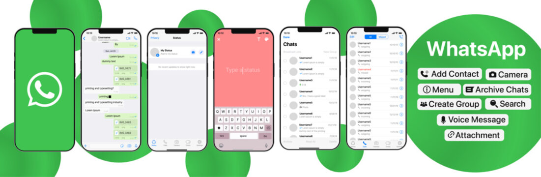 WhatsApp mockup on a white background. Social network interface template. WhatsApp social media. Voice messages and chats on the iphone screen.