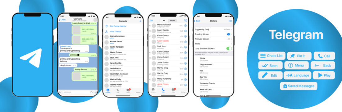 Telegram mockup. Set telegram screen social media and social network interface template. Telegram photo frame. 
