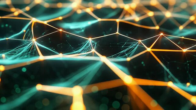 Futuristic global technology network with glowing lines and nodes forming a vibrant digital grid, depicting data flow, ai driven connections and interconnected information systems