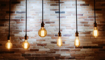 Vintage Edison Bulbs Hanging Against a Textured Brick Wall.