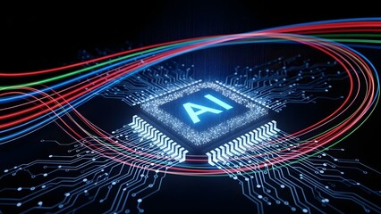 Artificial intelligence concept with circuit board and light trails