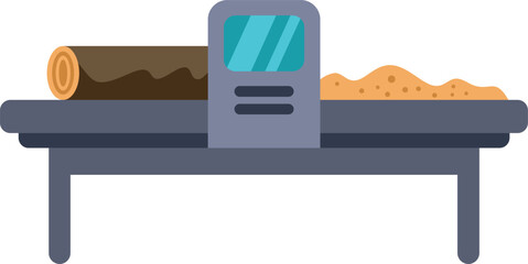 This illustration showcases a wood processing machine transforming a log into sawdust on a conveyor belt