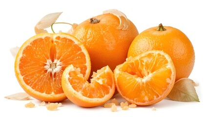 Juicy segments and sporadic peels are visible on fresh, ripe mandarins, including one that has been peeled.  This is an isolated transparent PNG image.