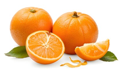Juicy segments and sporadic peels are visible on fresh, ripe mandarins, including one that has been peeled.  This is an isolated transparent PNG image.