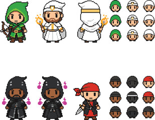 Pixel art characters in various poses and outfits for games or animations