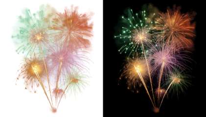 Festive digital fireworks bursts with glowing green golden orange purple pink and white colors isolated on transparent background. Isolated on transparent PNG overlay
