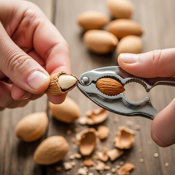 Opening fresh almond snack with metal cracker on a wooden surface