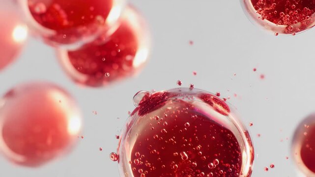 Bubbles of red liquid float in the air, creating a mesmerizing scene with vivid colors and dynamic movement captured in a vibrant setting