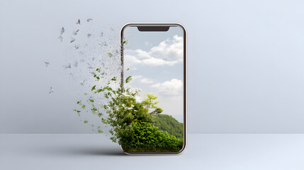 Smart Device Showcase: Captivating a natural landscape scene within a sleek smart device, presenting a harmonious blend of technology and the beauty of the outdoors.