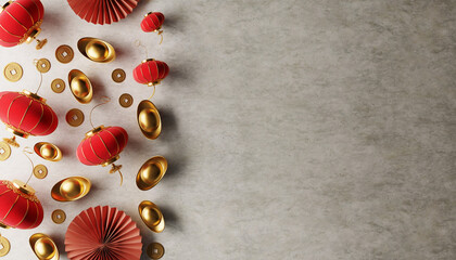 Elegant Chinese New Year background with traditional red lanterns, golden ingots, and paper fans for a festive celebration