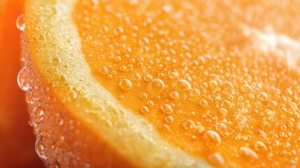 A close up of a fresh orange fruit slice with water drops
