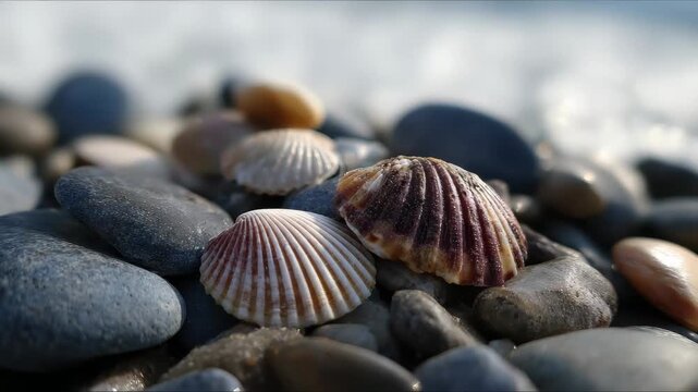 Colorful seashells resting on smooth stones by the water's edge during a sunny day at the beach