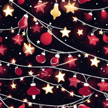 Christmas pattern with string lights, stars and baubles on dark background