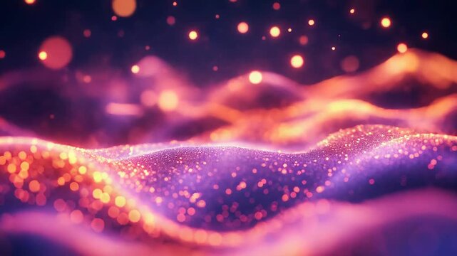Abstract background with glowing particles forming flowing waves, creating a vibrant digital landscape with purple, pink, and orange light bokeh effects, representing technology and data