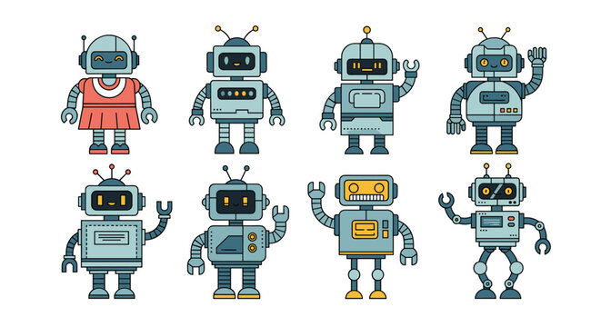 Set of cute and friendly cartoon robot characters with different designs, including a female robot, waving and smiling for kids' projects.