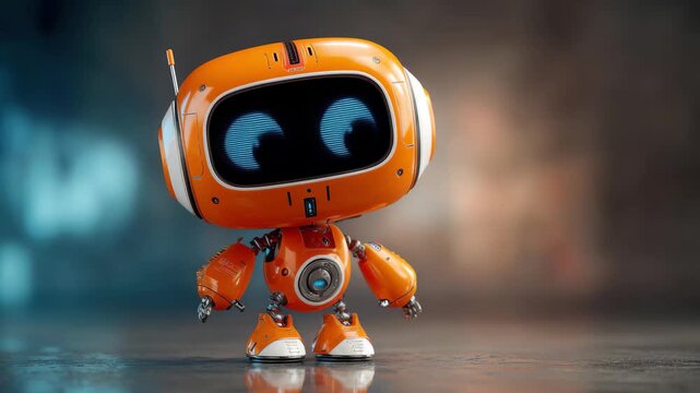 Cute orange robot stands on a reflective surface in a futuristic setting, showcasing its expressive blue eyes and friendly design while bright lights illuminate the scene