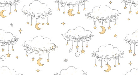 Fototapeta premium Seamless pattern with hand-drawn clouds, crescent moons, and stars in a dreamy, whimsical style, perfect for nursery or baby decor.