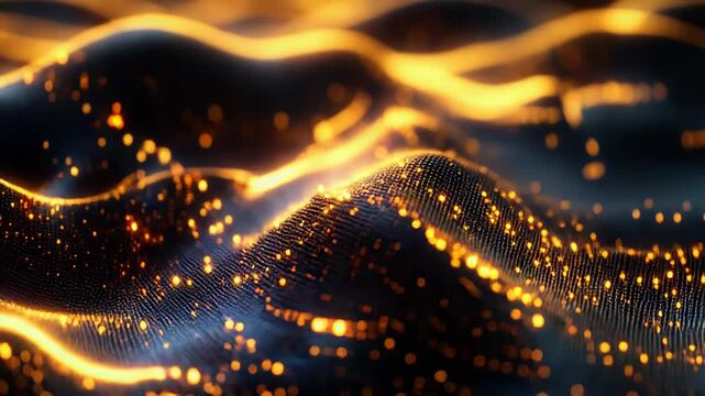 Golden light particles creating an undulating wave pattern across a dark, textured surface, representing data flow, technological innovation, and interconnected digital systems