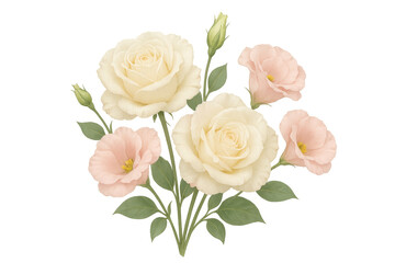 Fototapeta premium Watercolor flower bouquet with cream roses and pink lisianthus, transparent background, blooming botanical illustration