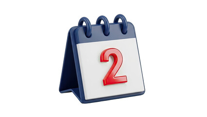 Simple 3D Render of a Blue and White Desk Calendar Showing the Number 2 with a Transparent Background
