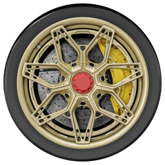 Obraz premium Golden color car wheel with yellow caliper brake disc and tire